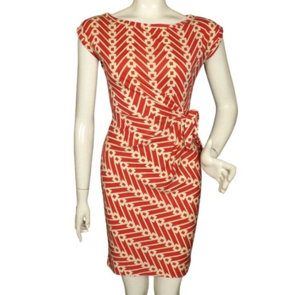 DIANE VON FURSTENBERG Silk Dress, 2, Red/Cream, Della,Diamond/Geometric, Hip Tie